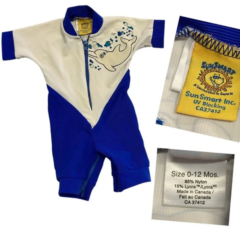Vintage SunSmart 0-12M Baby UV Blocking Dolphin Swim‎ Suit Blue White